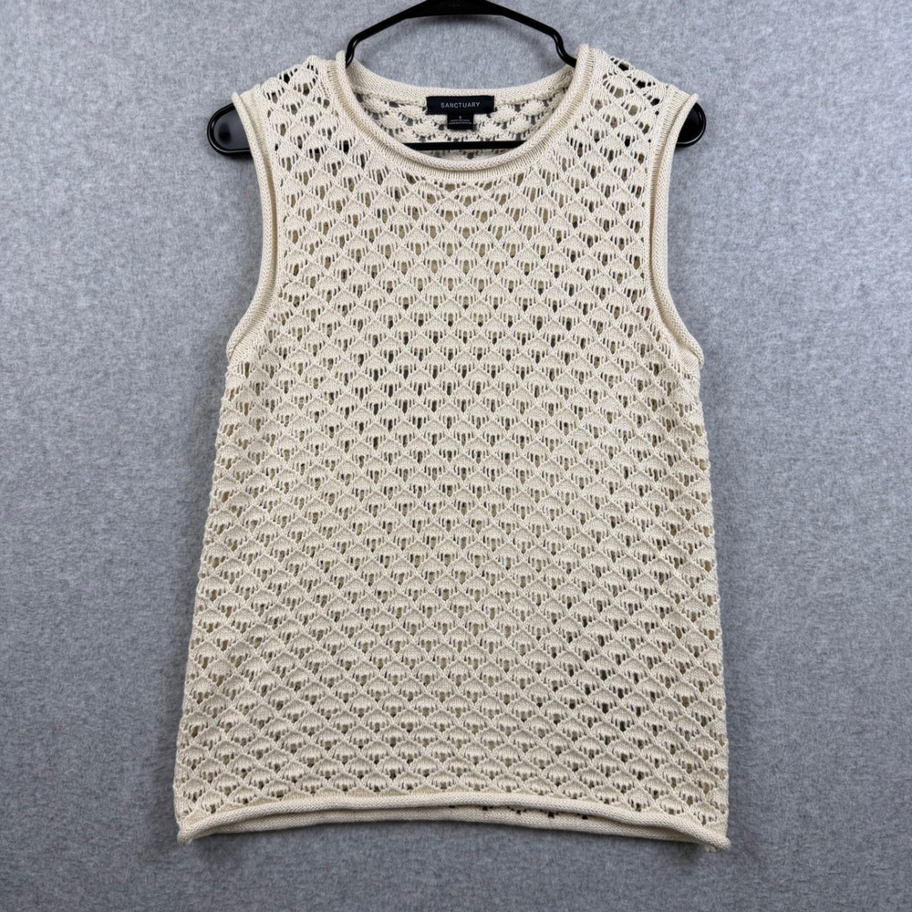 Sanctuary Knit Tank Top Womens Small Ivory Crochet Open Stitch Cotton CW1512MU4